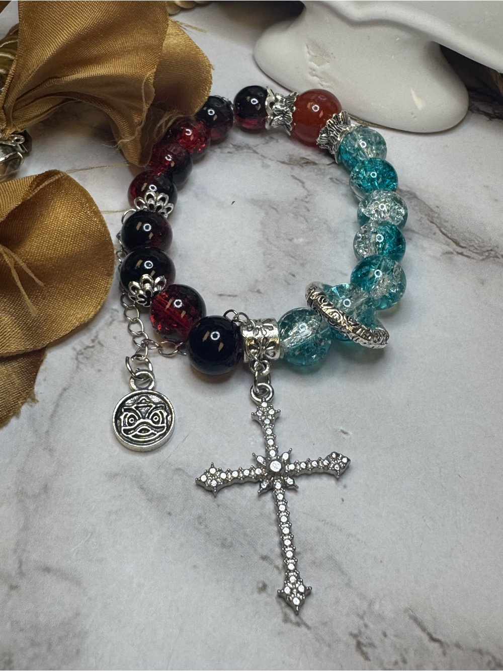 Handcrafted Aqua & Garnet Bead Cross Bracelet - Unbranded